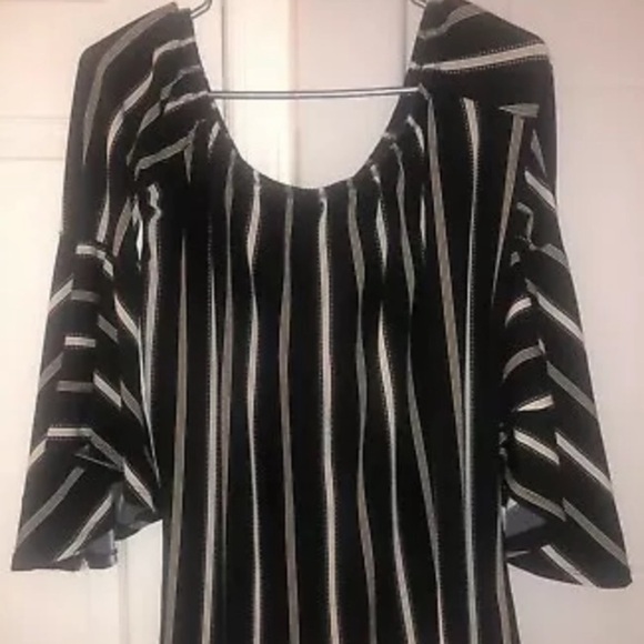 Harlow & Rose Black Beige White Striped Blouse Flare Bell Sleeves Ladies Small - Picture 4 of 10